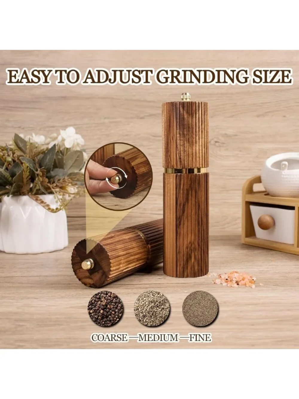 2 Pack Acacia Wood Salt & Pepper Grinder Set - Stylish 8-Inch Mills for Kitchen
